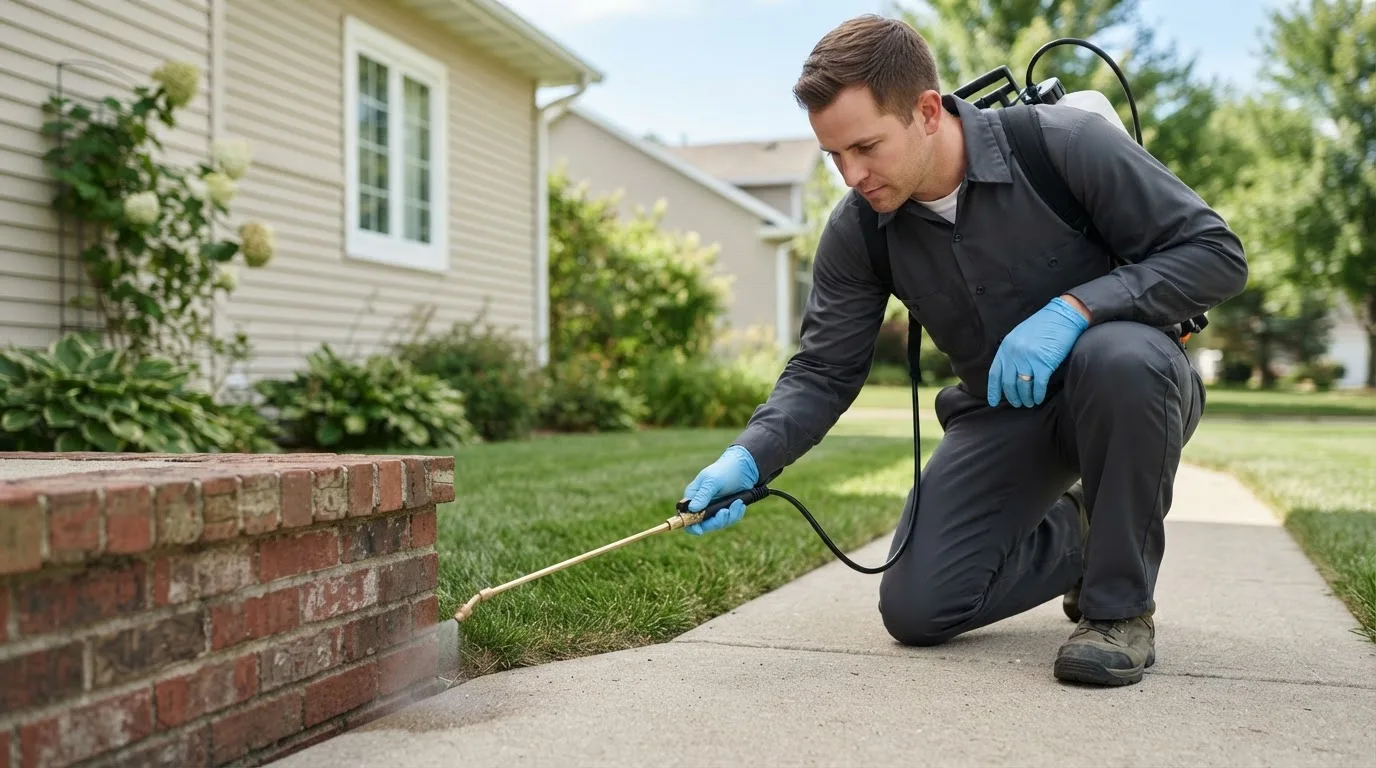 Pest control technician treating a home near Yamhill, OR